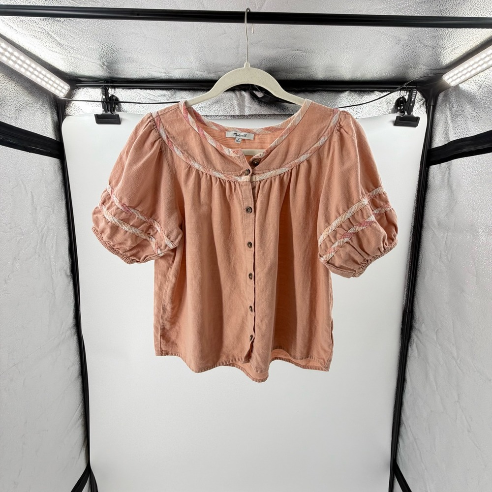 Madewell Milk Maid Peach Terracotta Cottagecore Puff Sleeve Button Front Top S